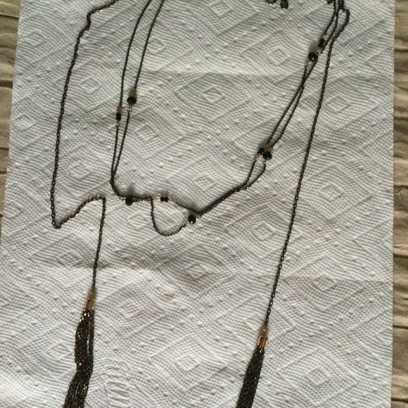 Women's necklace black and gold two-tones metal chain black beads 3 layers 27" - Picture 3 of 3
